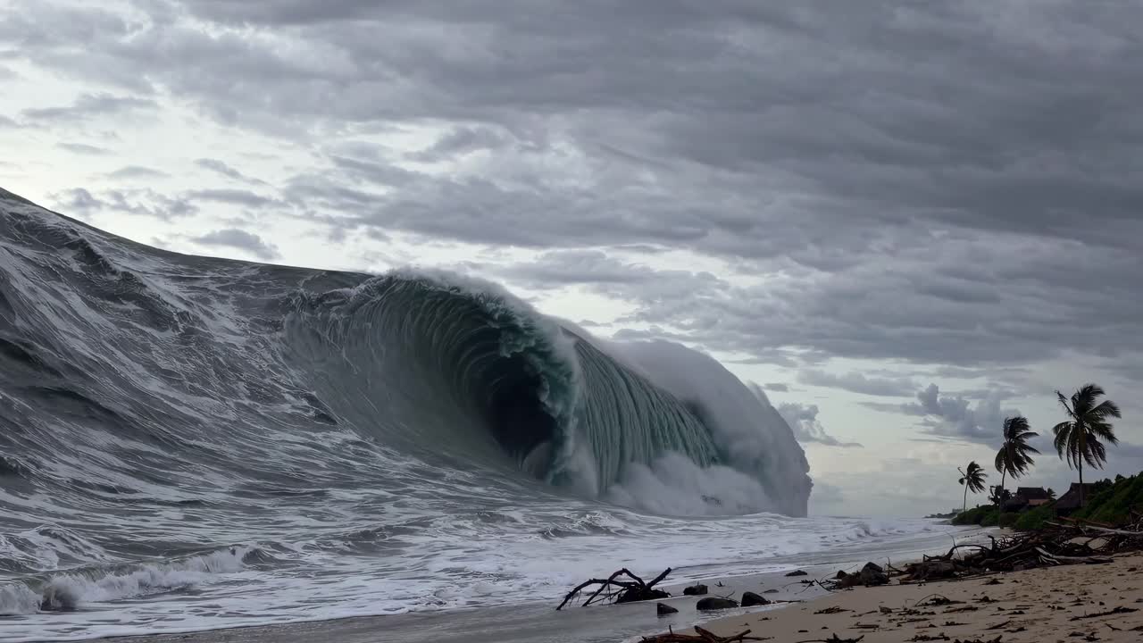 Dramatic video still of a massive wave crashing on a beach, captured from a low-angle