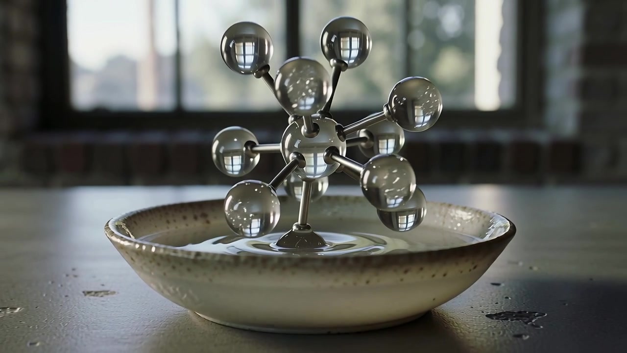 Lowering polished molecule sculpture creating ripples in shallow bowl on tabletop