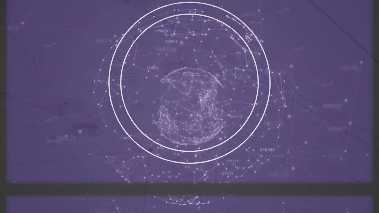 animación de la red de conexiones con globo y alcance sobre fondo púrpura