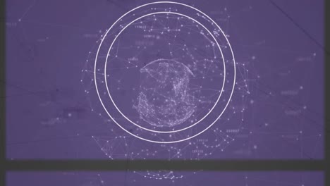 animación de la red de conexiones con globo y alcance sobre fondo púrpura