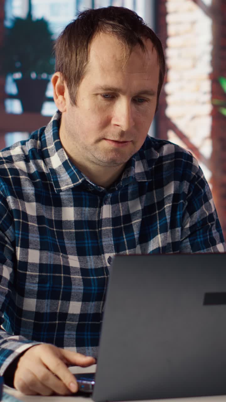 Vertical video Remote employee calls managers remotely using internet videocall