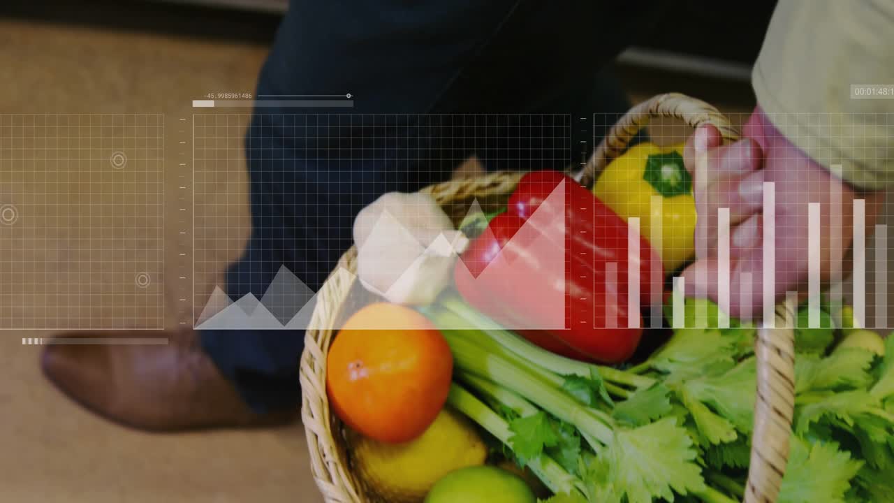 Mano destra che stringe la presa, sollevando un cesto intrecciato mentre i grafici HUD salgono, mostrando le tendenze di mercato.