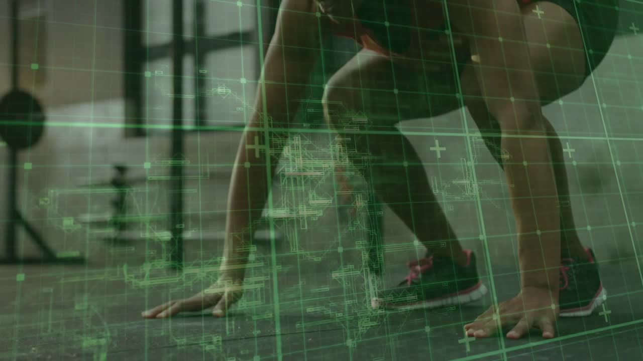 Mid-adult woman pushing from low push-up into crouch, rising and jumping for fitness with HUD grid