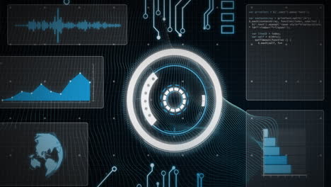animation of circular scanner and processing data on interface over motherboard on black background
