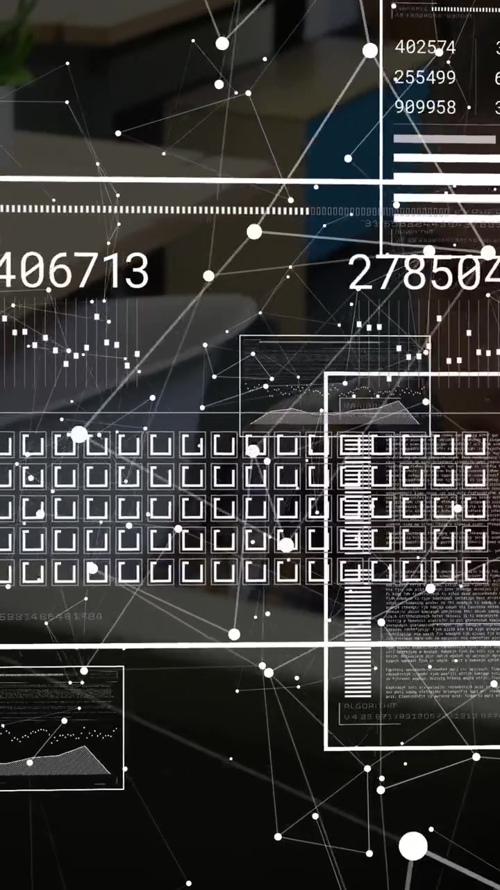 Vertical video: AR overlay receiving data, animating nodes, updating 6-digit metrics for tech