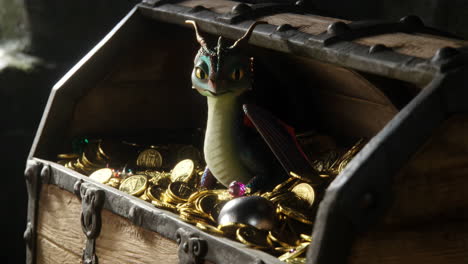 cute dragon guarding a treasure chest full of gold