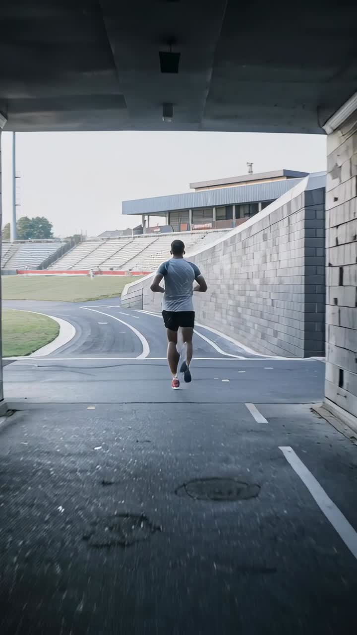 Vertical video: Following arrow, runner moving out of tunnel onto track in light shirt dark shorts