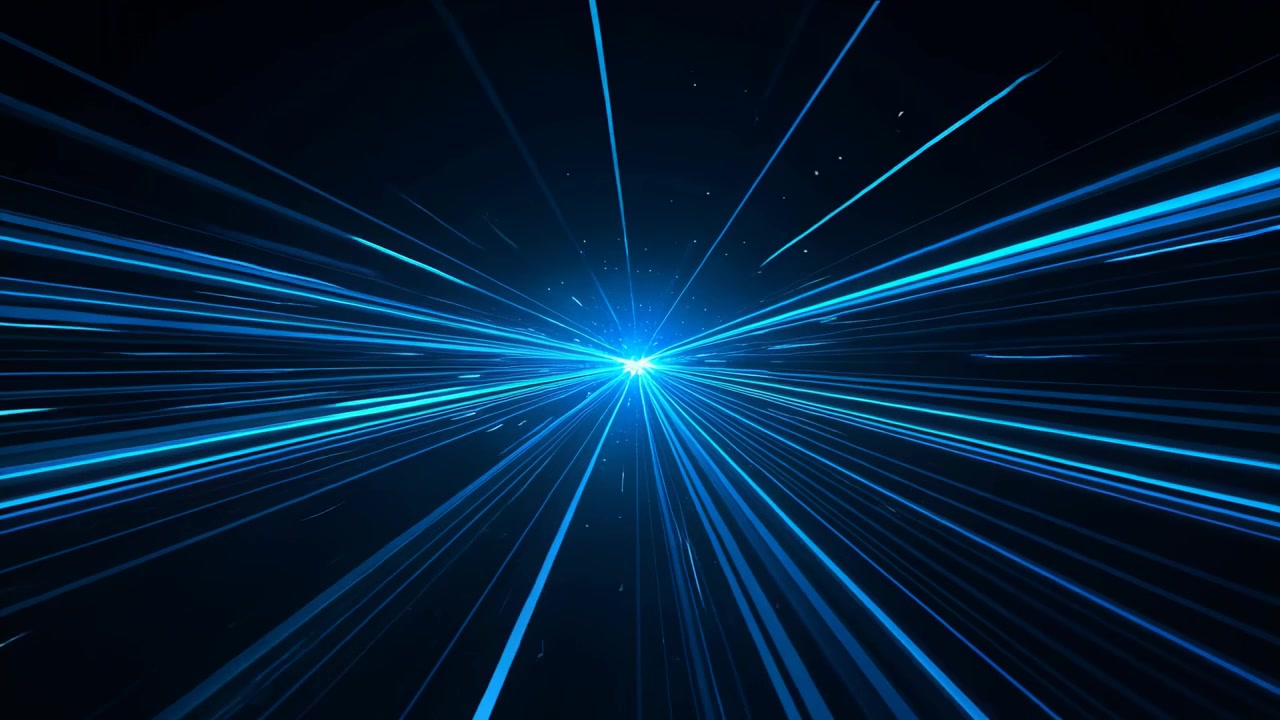 Pulsing central cyan light emitting radial beams and specks across dark void, conveying motion