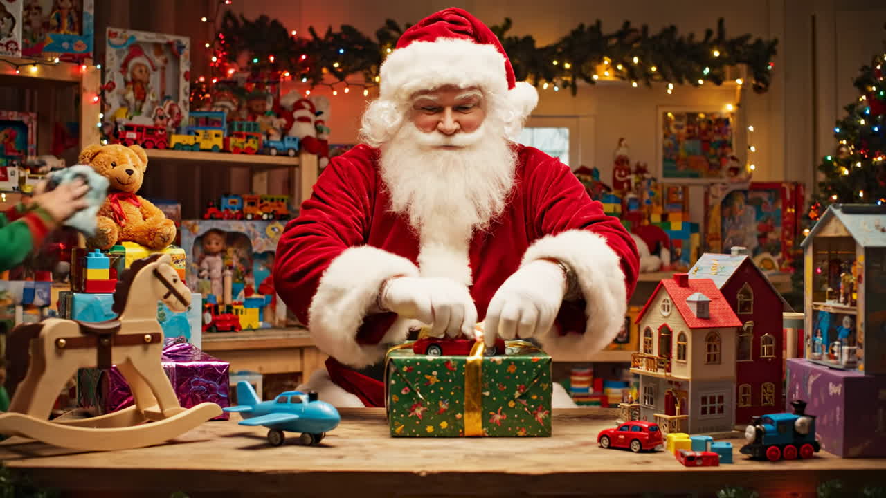 Santa Claus and little elf preparing toys for Christmas. Santa Claus and a little elf preparing toys and wrapping gifts in a festive Christmas workshop full of decorations and lights