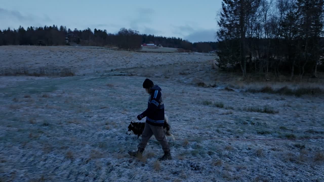 노르웨이 트론델라그 카운티의 인드레 포센 - 11 월, 한 남자가 개와 함께 농장을 산책합니다 - 추적