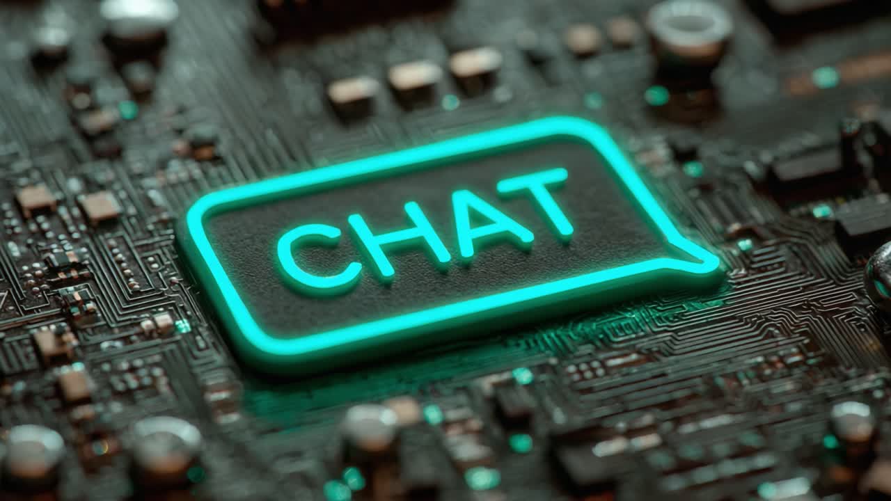 A Close-Up View of a Neon Green 'CHAT' Icon Illuminated on a Circuit Board, Symbolizing Communication in Modern Technology and Digital Interaction