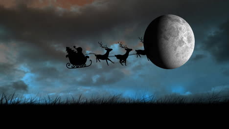 animation of full moon and santa in sleigh over night sky