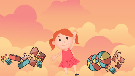 animation of illustration of happy girl with toys over orange clouds in background