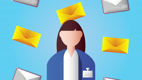 postal service animation with envelopes and woman worker