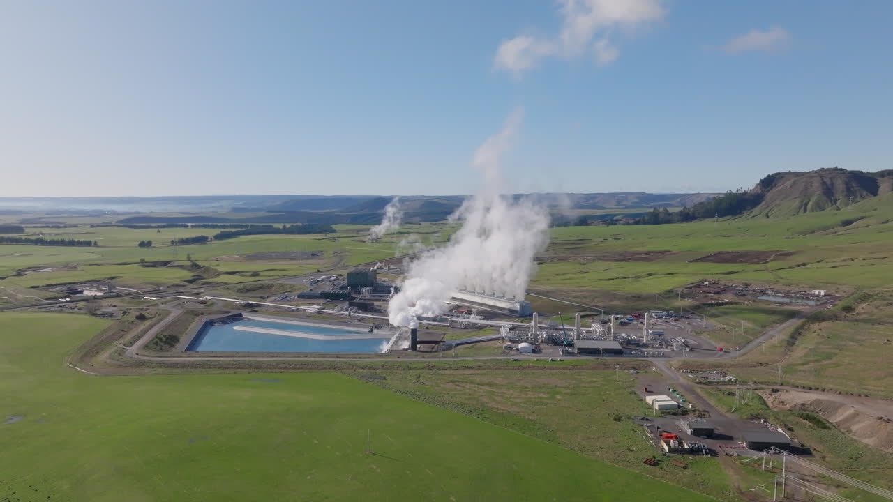 Flying towards the Tauhara geothermal power station in Taupo, New Zealand.