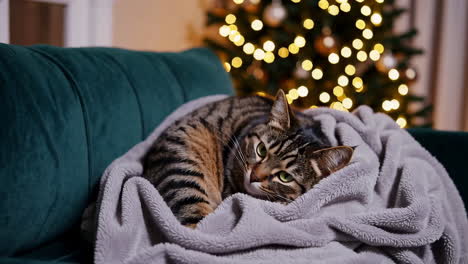 a cozy cat by the christmas tree