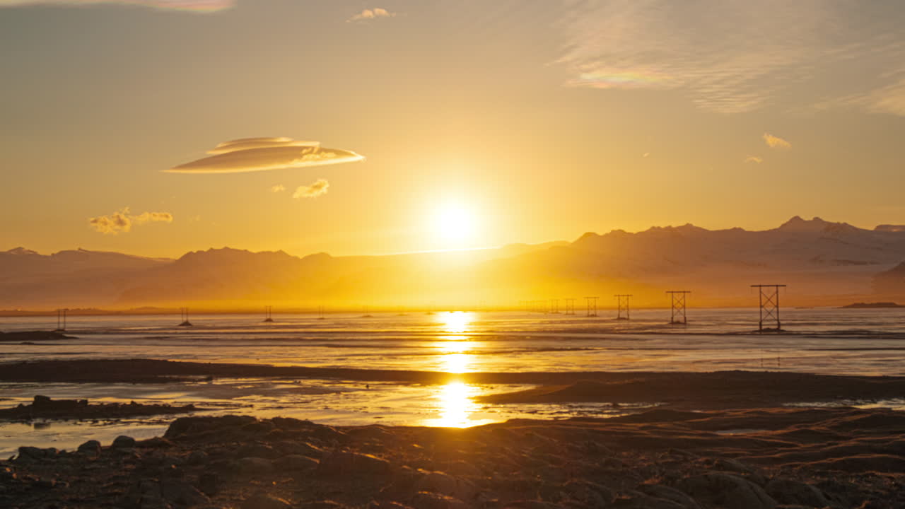 Bright And Fiery Sunset Over Vatnajokull Glacier In South Iceland. - timelapse
