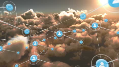 Animation-of-networks-of-connections-with-icons-over-sky