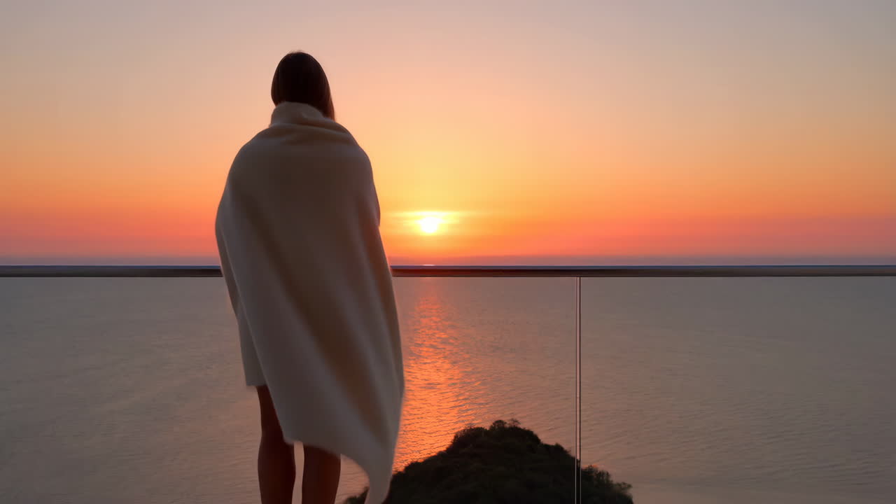 Woman wrapped in a blanket watching the sunset over the ocean from a balcony
