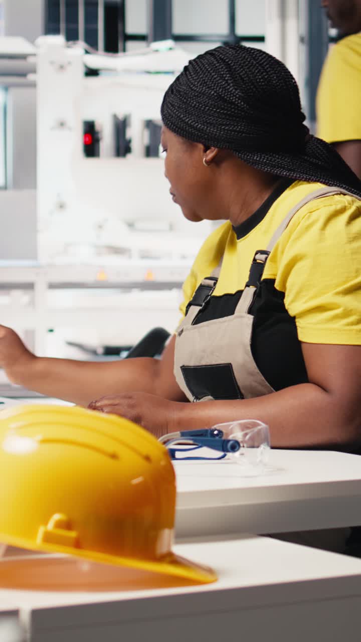 Vertical Video African american expert troubleshoots photovoltaic systems in solar energy plant