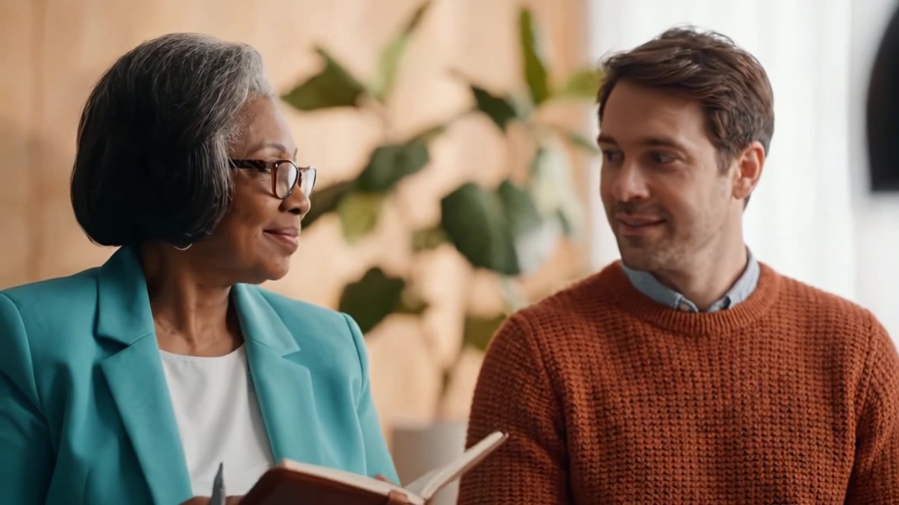 A Thoughtful Conversation Between an Older Woman and a Younger Man Focused on Note-Taking in a Warm and Inviting Setting with Natural Light