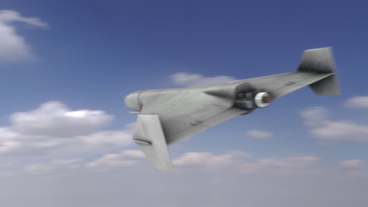Enkeltstående Kamikaze-drone Shahed 136 flyver forbi kameraet på en blå himmel med skyer i baggrunden. Detaljeret 3D-animation i nærbillede. UAV Ubemandet luftfartøj. Moderne luftkrigsførelse.