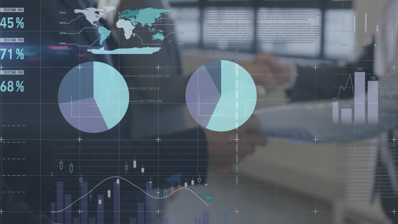 Animation of statistics and data processing over businessman handshake