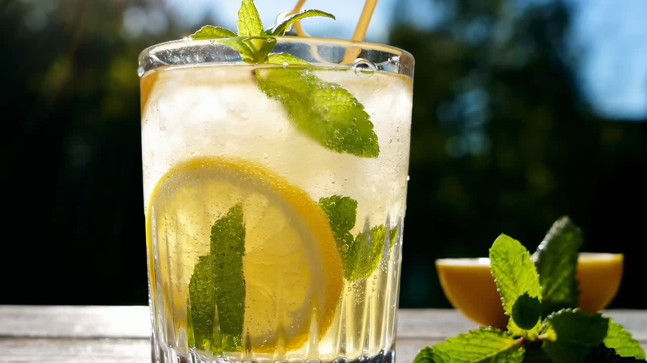 Close-up video of a refreshing lemonade with mint, captured at eye level in bright sunlight