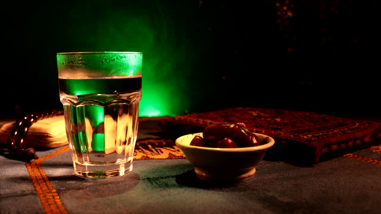 이프타르는 저녁 식사입니다. 장식의 슬라이더 뷰 라마단 카림 휴일 축제 축하 카드, 무슬림의 거룩한 달 라마단의 카림에 대한 초대. 어두운 배경. 선택적 초점