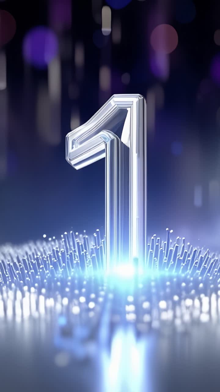 Un ipnotizzante numero uno illuminato si staglia su uno sfondo astratto e onirico, circondato da particelle scintillanti che ne accrescono il fascino accattivante.