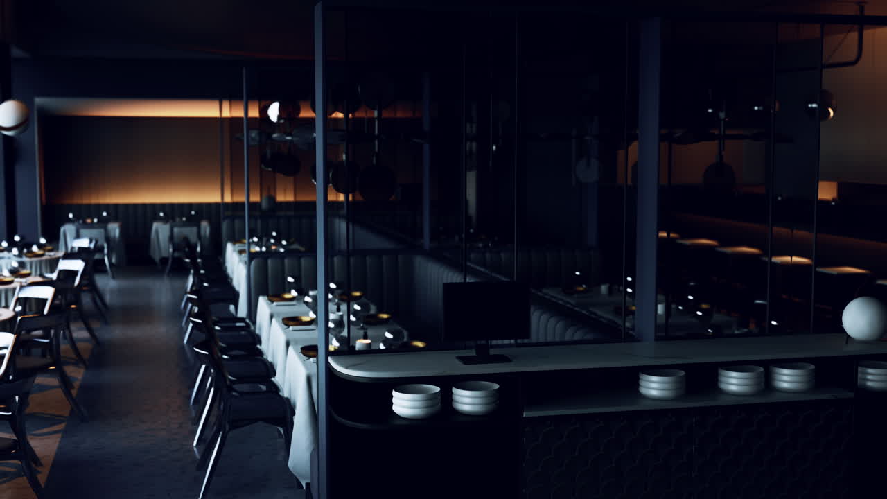 부스 좌석과  테이블 클로스 를 가진 현대적 인 레스토랑 인테리어
