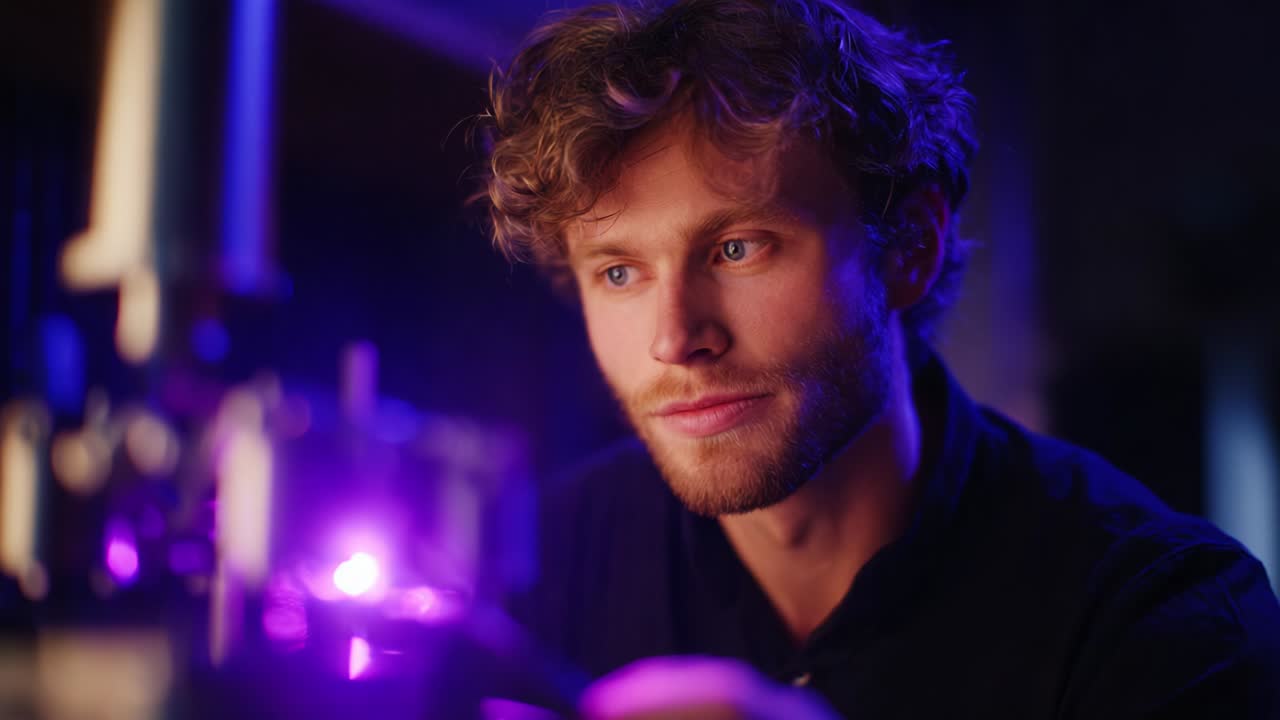 An Intense Focus on Technology: A Young Man Analyzing and Observing Advanced Equipment Under a Mysterious Purple Light in a Darkened Workspace, Capturing the Essence of Scientific Exploration and Innovation