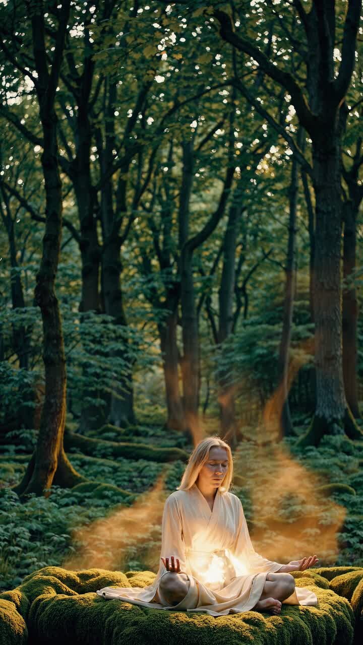 A mystical video concept featuring a woman meditating in a forest