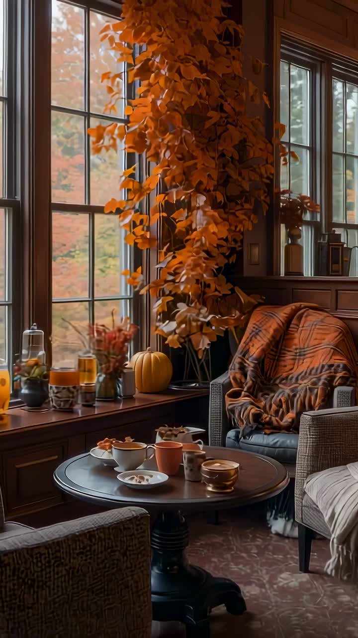 Vertical video: Panning camera focusing on vignette at home corner with pumpkin, mugs and candle