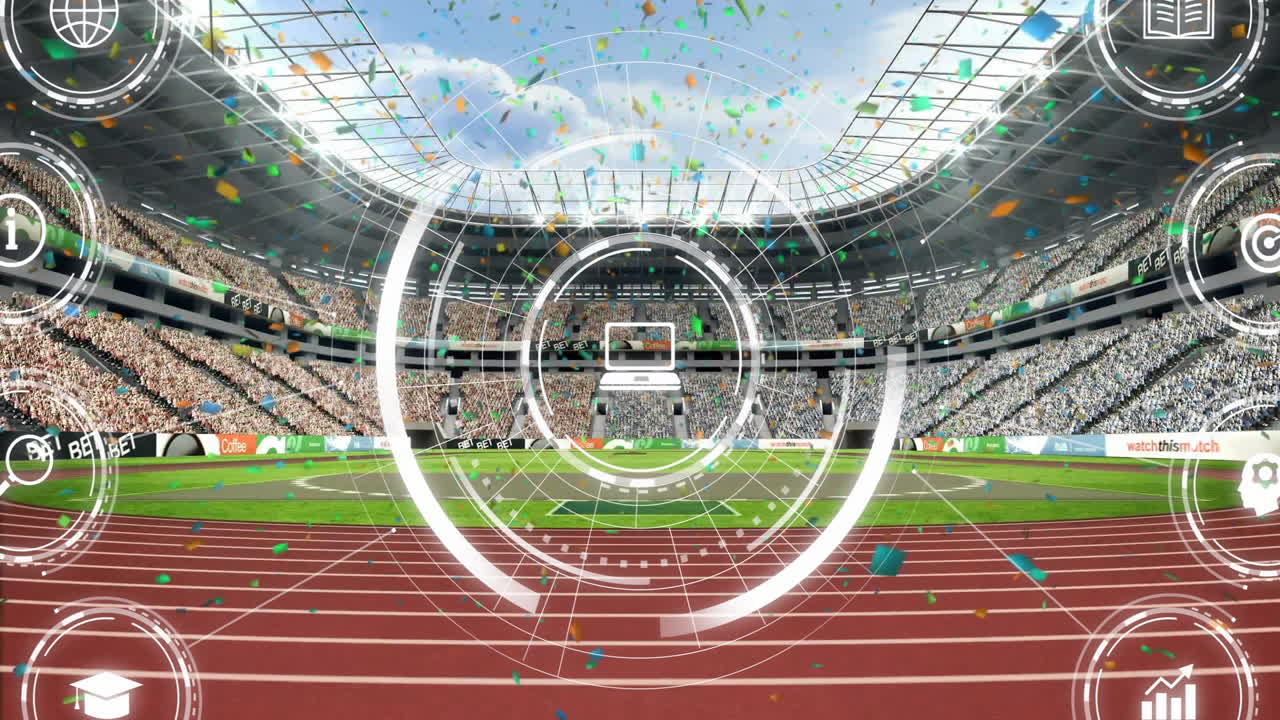 Central digital interface overlay showing live stadium analytics floating over running track