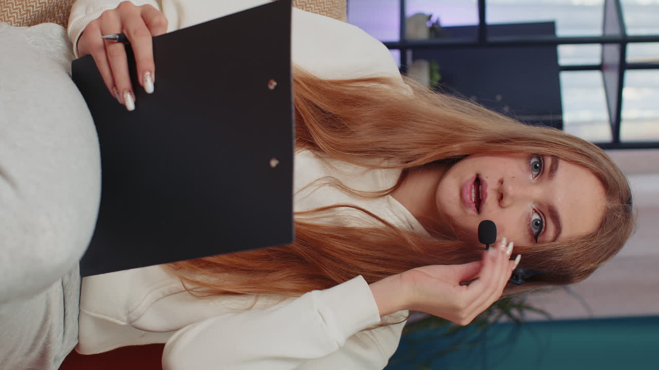 젊은 여성 프리랜서 노동자 콜 지원 센터 서비스 운영자 헬프 라인 고객과 대화하고 있습니다.