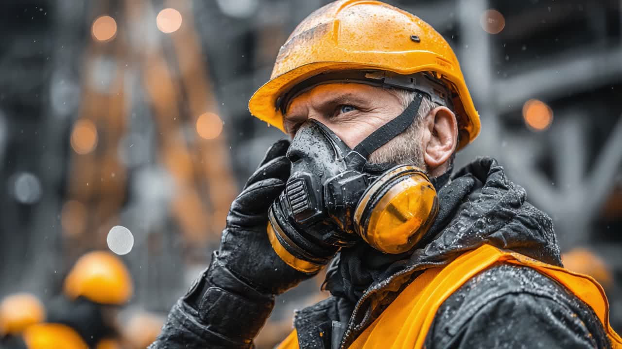 A construction worker in safety gear adjusts his mask while on site, highlighting the importance of protective equipment in hazardous environments