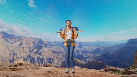 full body of puzzled asian female hiker with mountaineering backpack making gestures doubtfully and saying why while traveling at the top of mountain