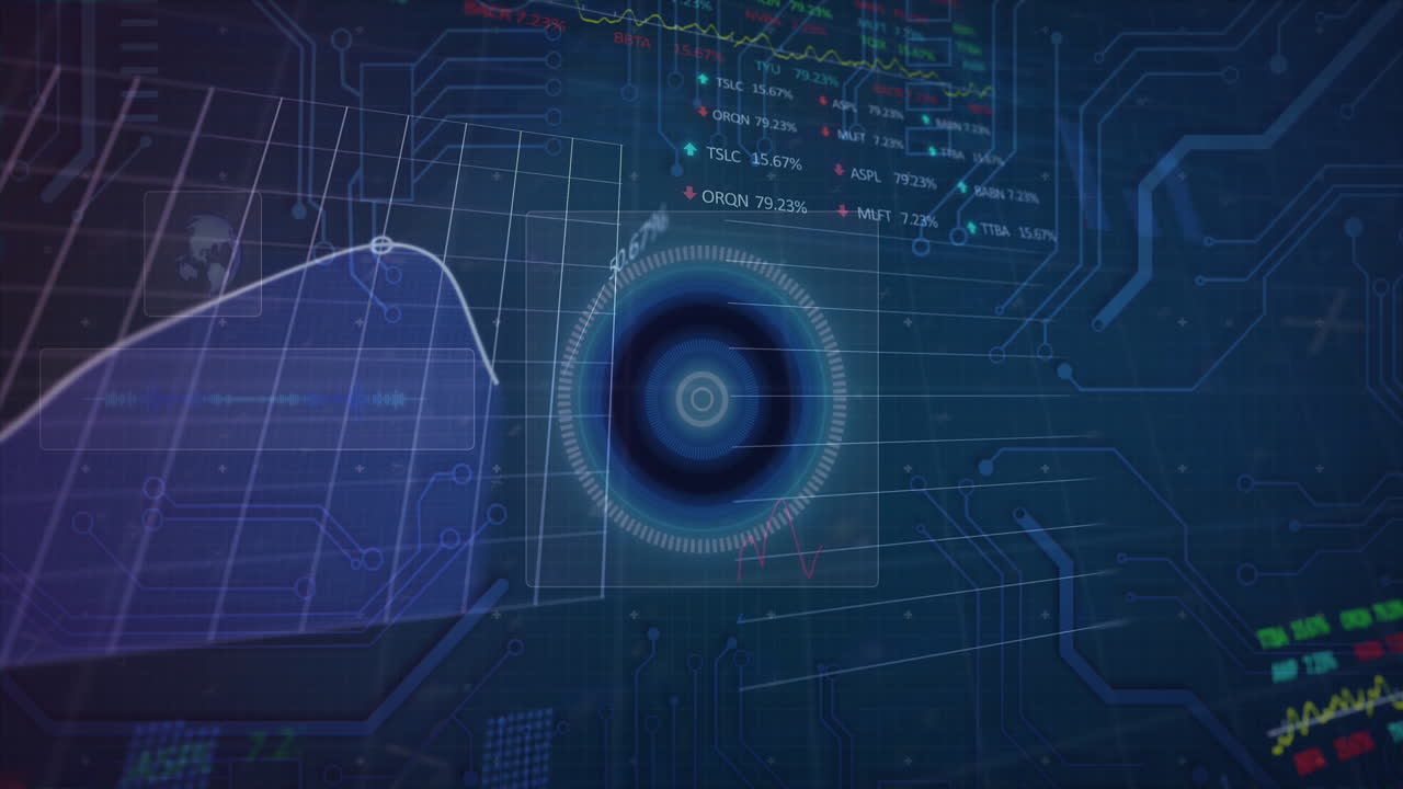 Animation of stock market data processing over round scanner and microprocessor connections
