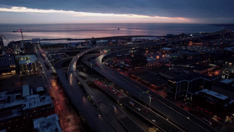 Milwaukee-downtown,-Wisconsin-aerial-night-time,-early-morning