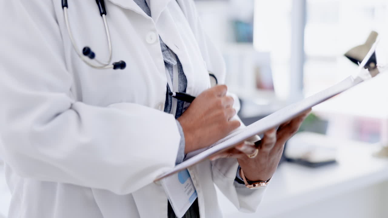 Doctor, hands and clipboard writing prescription