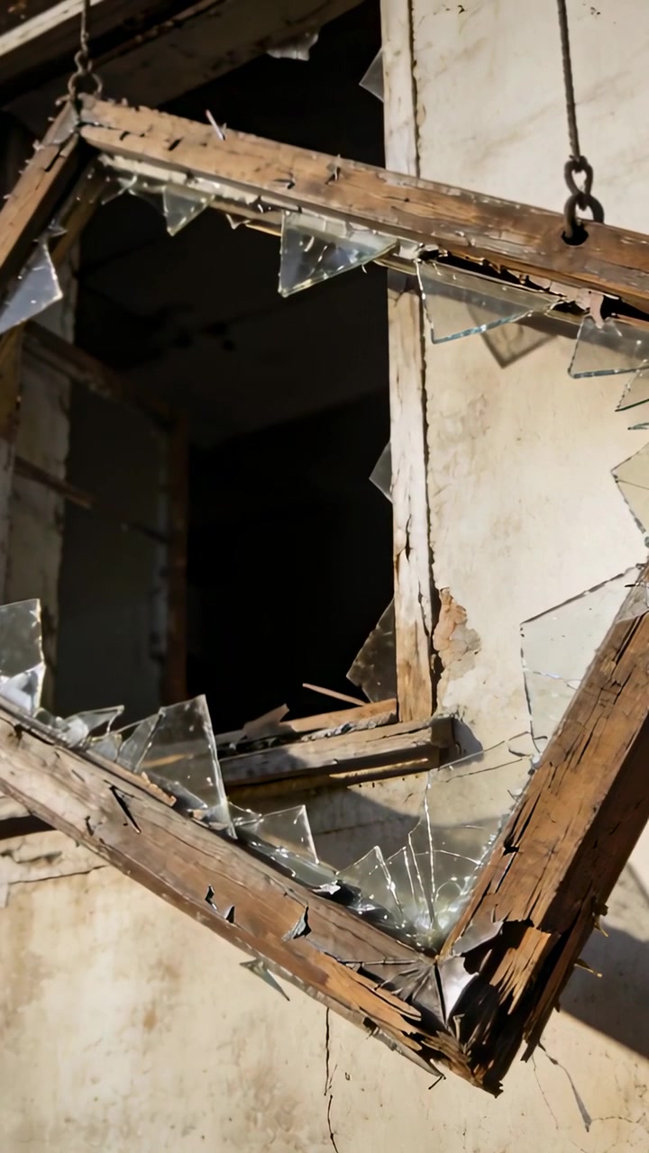 Vertical video: Panning camera revealing broken wooden sash hanging at night with chain and shards