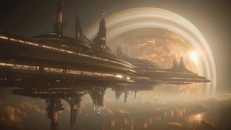 floating city in space above a planet with rings