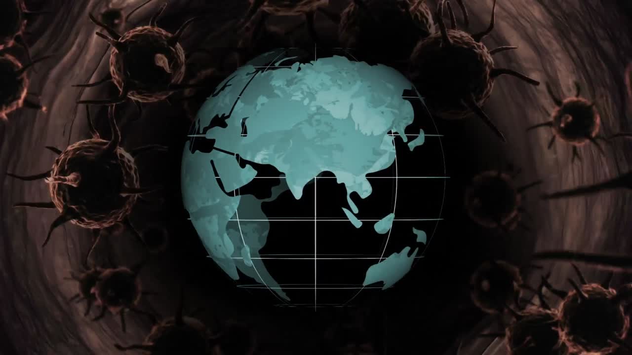 Animation eines Coronavirus mit Weltkugel im Hintergrund
