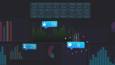 dark-themed dashboard displaying data table, showcasing charts, social icons and floating shapes