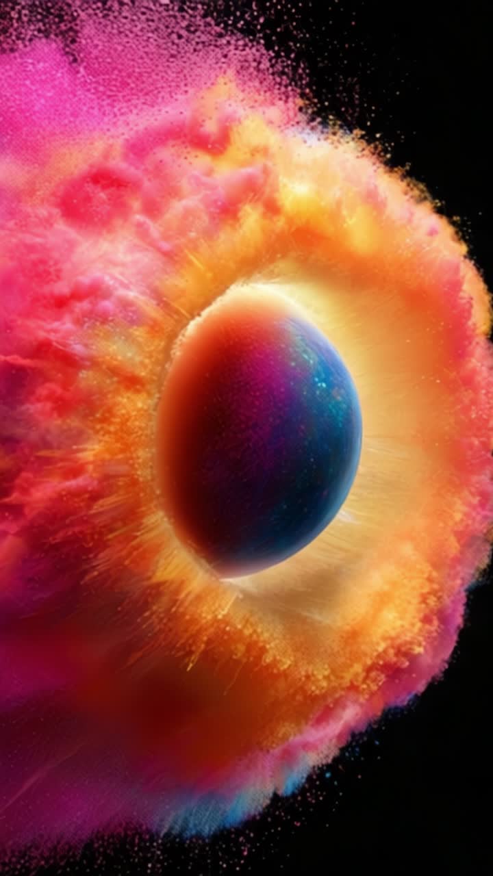 Vivid Explosion of Colorful Cosmic Sphere Surrounded by Radiant Energy with a Textured Cloud of Bright Hues Creating a Stunning Visual Contrast and Motion