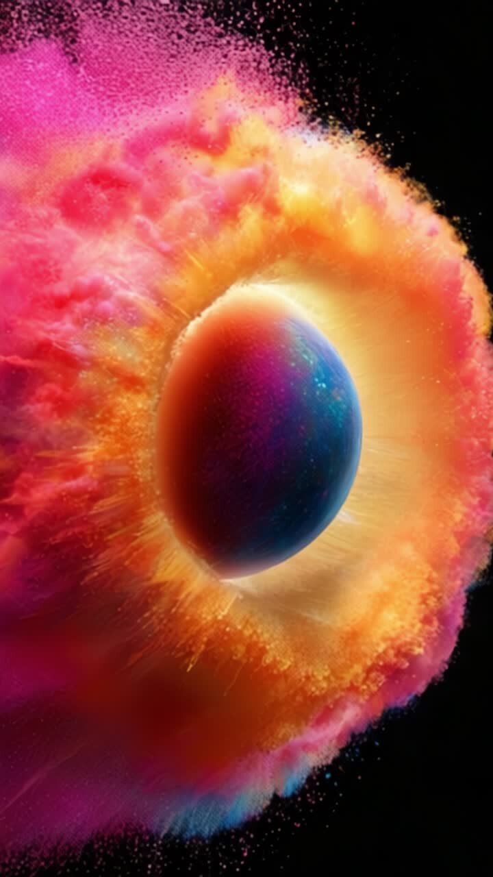 Vivid Explosion of Colorful Cosmic Sphere Surrounded by Radiant Energy with a Textured Cloud of Bright Hues Creating a Stunning Visual Contrast and Motion