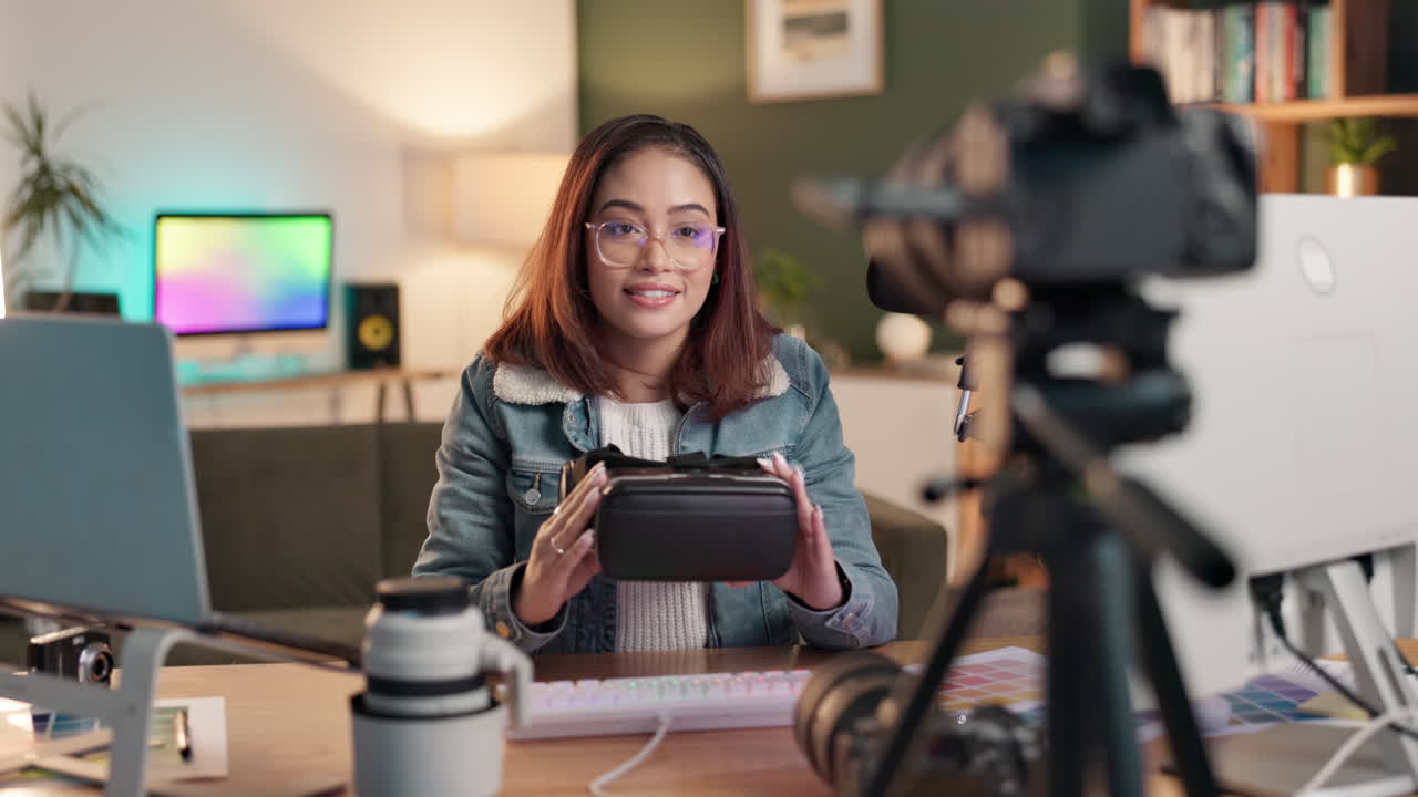 Woman Holding VR Headset While Vlogging