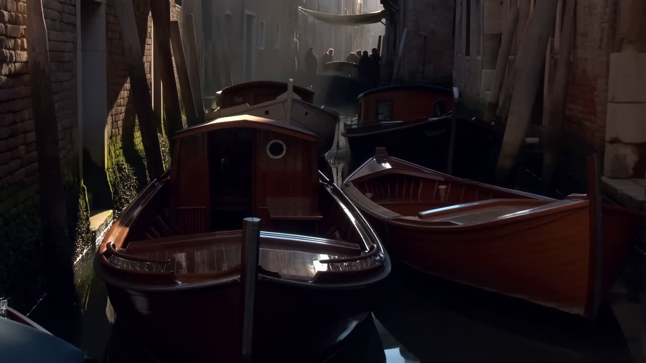 Boats in a Venetian Canal with Sunlight