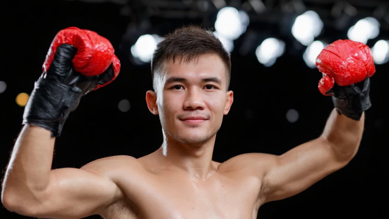 A determined fighter poses confidently with red boxing gloves in a dramatic setting, showcasing strength and readiness for competition amidst bright lights